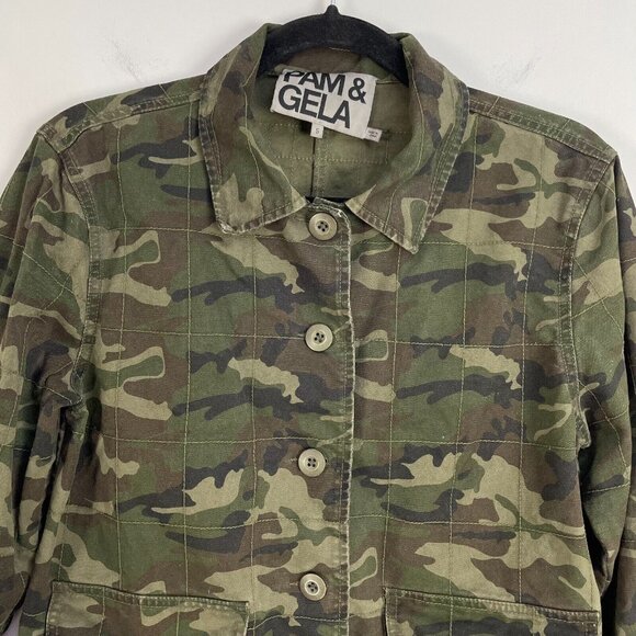 Pam & Gela Womens Small MilItary Green Camo Button Jacket Long Sleeve Raw Hem - Picture 8 of 9